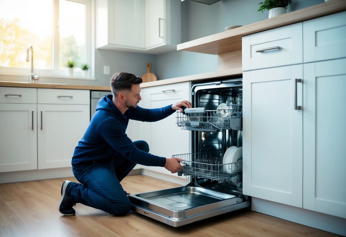 En person kopplar bort och flyttar en diskmaskin till ett nytt hem, och ser till att den är korrekt installerad och ansluten.