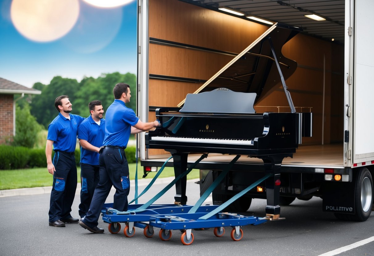 Ett piano som försiktigt lyfts och lastas på en rörlig lastbil, med flyttare som använder vagnar och remmar för att säkra det på plats